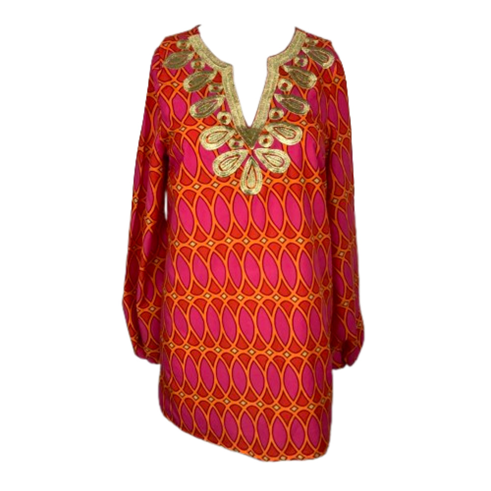 Mudpie Shirt Womens Sz S Pink Printed V-Neck Boho Tunic Embroidered Top Summer